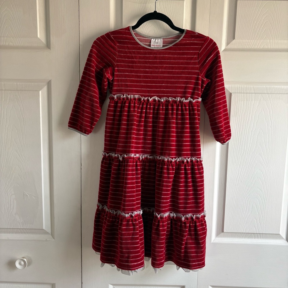 Hanna Andersson 140 10 Holiday Xmas Festive Lurex Tiered Stripe Dress Velour